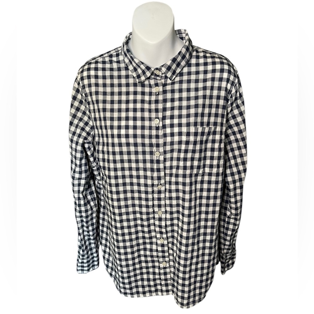 J. Crew Navy Blue White Gingham Check Button Down Shirt Women’s XL 100% Cotton
